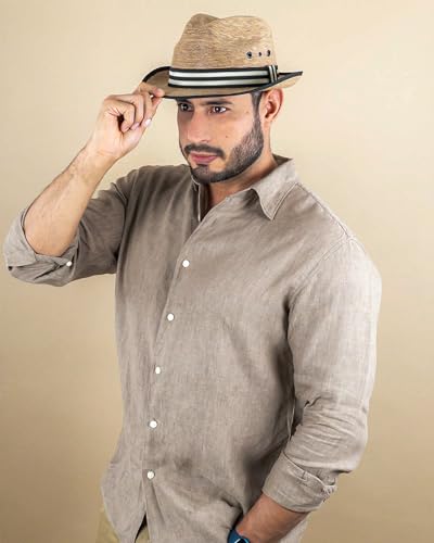 Straw Fedora Hat for Men - Panama Hat Short Brim M/L Sizes (22”–23 1/8”) Sun Hat UPF - Summer Vacation Essentials
