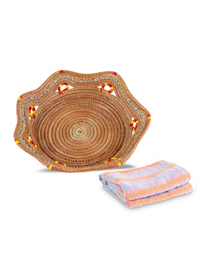 Fruit/Bread Basket, 12-inch Handmade Pine Needle Basket, Includes a Microwave-Safe Kitchen Towel | Made in Mexico (Purple)
