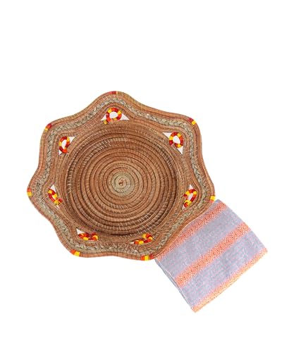 Fruit/Bread Basket, 12-inch Handmade Pine Needle Basket, Includes a Microwave-Safe Kitchen Towel | Made in Mexico (Purple)