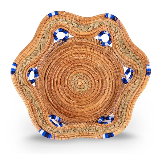 Fruit/Bread Basket, 12-inch Handmade Pine Needle Basket, Includes a Microwave-Safe Kitchen Towel | Made in Mexico (Purple)