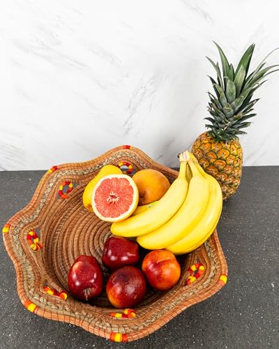 Fruit/Bread Basket, 12-inch Handmade Pine Needle Basket, Includes a Microwave-Safe Kitchen Towel | Made in Mexico (Purple)