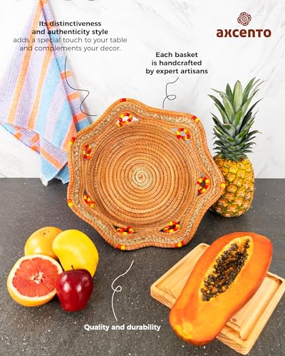 Fruit/Bread Basket, 12-inch Handmade Pine Needle Basket, Includes a Microwave-Safe Kitchen Towel | Made in Mexico (Purple)
