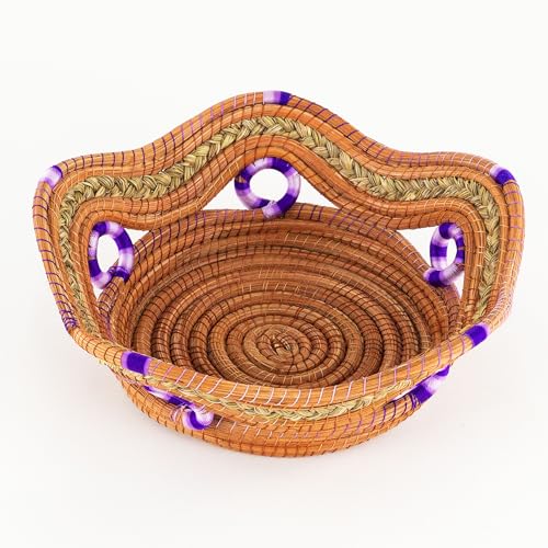 Fruit/Bread Basket, 12-inch Handmade Pine Needle Basket, Includes a Microwave-Safe Kitchen Towel | Made in Mexico (Purple)