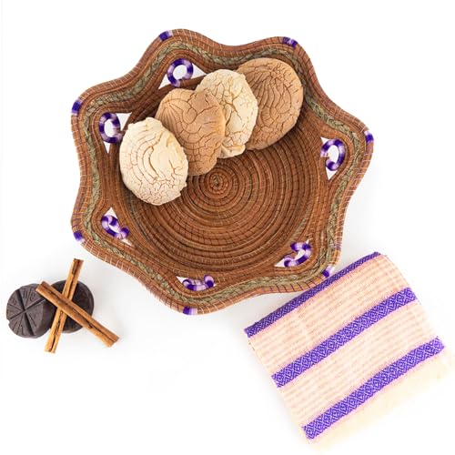 Fruit/Bread Basket, 12-inch Handmade Pine Needle Basket, Includes a Microwave-Safe Kitchen Towel | Made in Mexico (Purple)