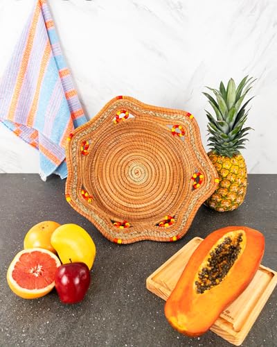 Fruit/Bread Basket, 12-inch Handmade Pine Needle Basket, Includes a Microwave-Safe Kitchen Towel | Made in Mexico (Purple)