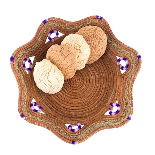 Fruit/Bread Basket, 12-inch Handmade Pine Needle Basket, Includes a Microwave-Safe Kitchen Towel | Made in Mexico (Purple)