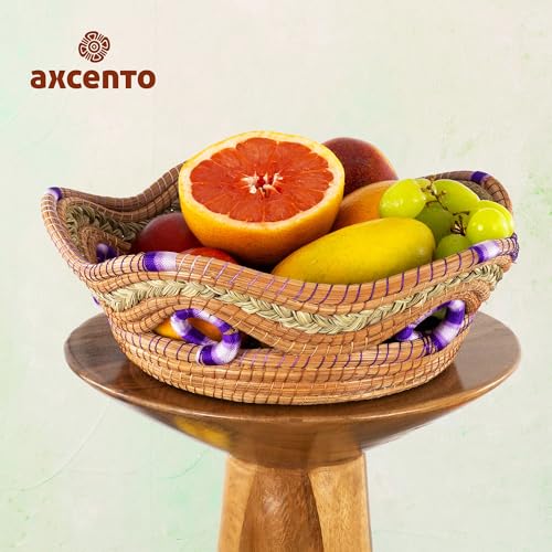 Fruit/Bread Basket, 12-inch Handmade Pine Needle Basket, Includes a Microwave-Safe Kitchen Towel | Made in Mexico (Purple)