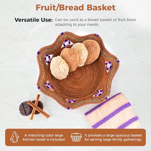 Fruit/Bread Basket, 12-inch Handmade Pine Needle Basket, Includes a Microwave-Safe Kitchen Towel | Made in Mexico (Purple)