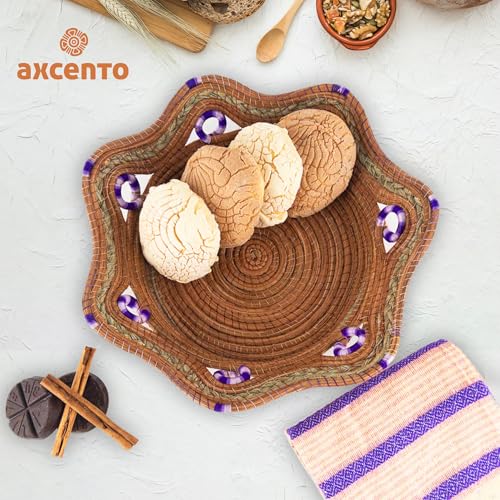 Fruit/Bread Basket, 12-inch Handmade Pine Needle Basket, Includes a Microwave-Safe Kitchen Towel | Made in Mexico (Purple)
