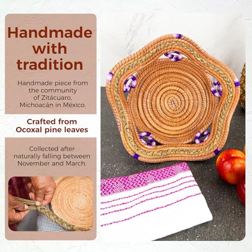 Fruit/Bread Basket, 12-inch Handmade Pine Needle Basket, Includes a Microwave-Safe Kitchen Towel | Made in Mexico (Purple)