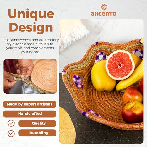 Fruit/Bread Basket, 12-inch Handmade Pine Needle Basket, Includes a Microwave-Safe Kitchen Towel | Made in Mexico (Purple)