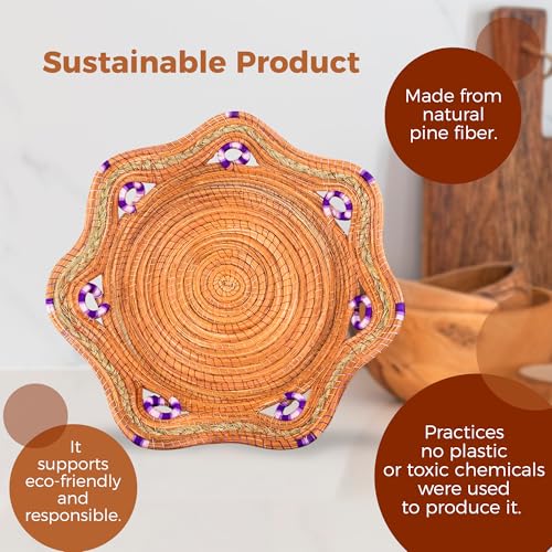 Fruit/Bread Basket, 12-inch Handmade Pine Needle Basket, Includes a Microwave-Safe Kitchen Towel | Made in Mexico (Purple)