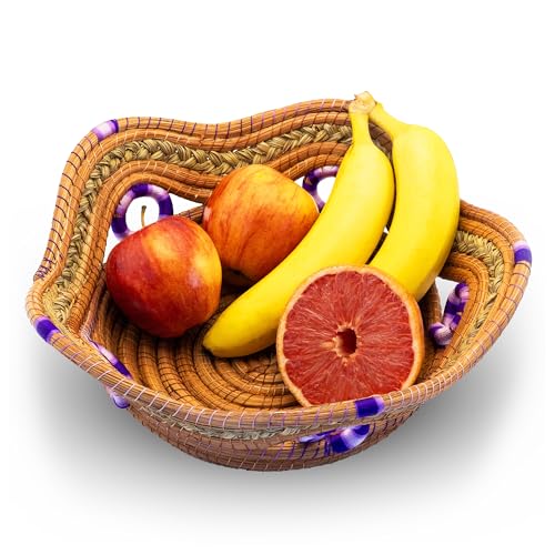 Fruit/Bread Basket, 12-inch Handmade Pine Needle Basket, Includes a Microwave-Safe Kitchen Towel | Made in Mexico (Purple)