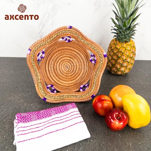Fruit/Bread Basket, 12-inch Handmade Pine Needle Basket, Includes a Microwave-Safe Kitchen Towel | Made in Mexico (Purple)