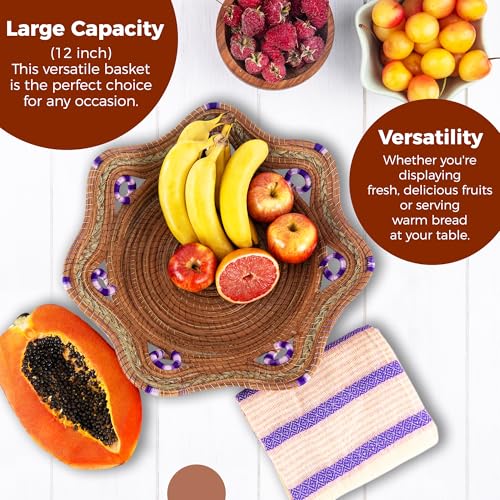 Fruit/Bread Basket, 12-inch Handmade Pine Needle Basket, Includes a Microwave-Safe Kitchen Towel | Made in Mexico (Purple)