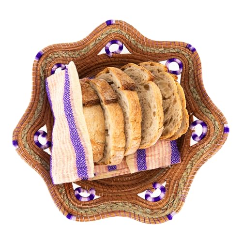 Fruit/Bread Basket, 12-inch Handmade Pine Needle Basket, Includes a Microwave-Safe Kitchen Towel | Made in Mexico (Purple)