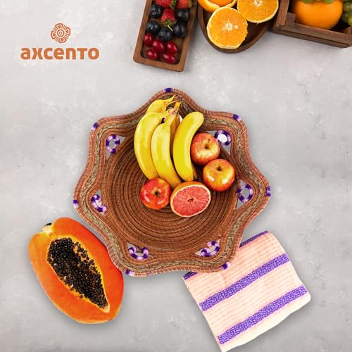 Fruit/Bread Basket, 12-inch Handmade Pine Needle Basket, Includes a Microwave-Safe Kitchen Towel | Made in Mexico (Purple)