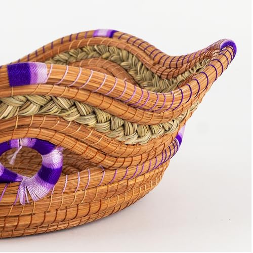 Fruit/Bread Basket, 12-inch Handmade Pine Needle Basket, Includes a Microwave-Safe Kitchen Towel | Made in Mexico (Purple)