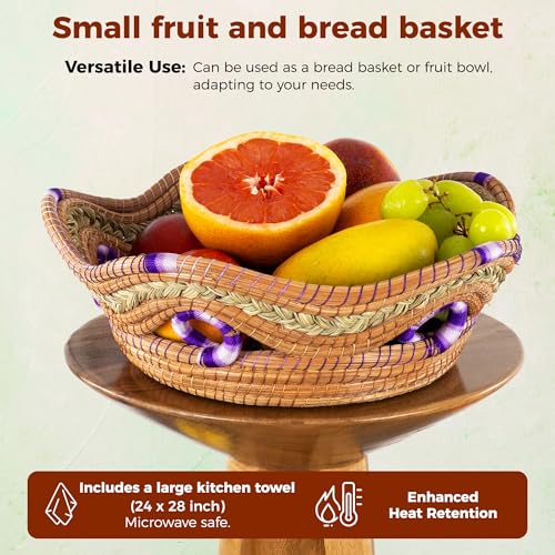 Fruit/Bread Basket, 12-inch Handmade Pine Needle Basket, Includes a Microwave-Safe Kitchen Towel | Made in Mexico (Purple)