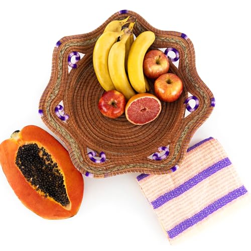 Fruit/Bread Basket, 12-inch Handmade Pine Needle Basket, Includes a Microwave-Safe Kitchen Towel | Made in Mexico (Purple)