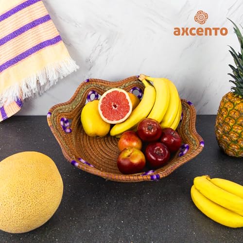 Fruit/Bread Basket, 12-inch Handmade Pine Needle Basket, Includes a Microwave-Safe Kitchen Towel | Made in Mexico (Purple)