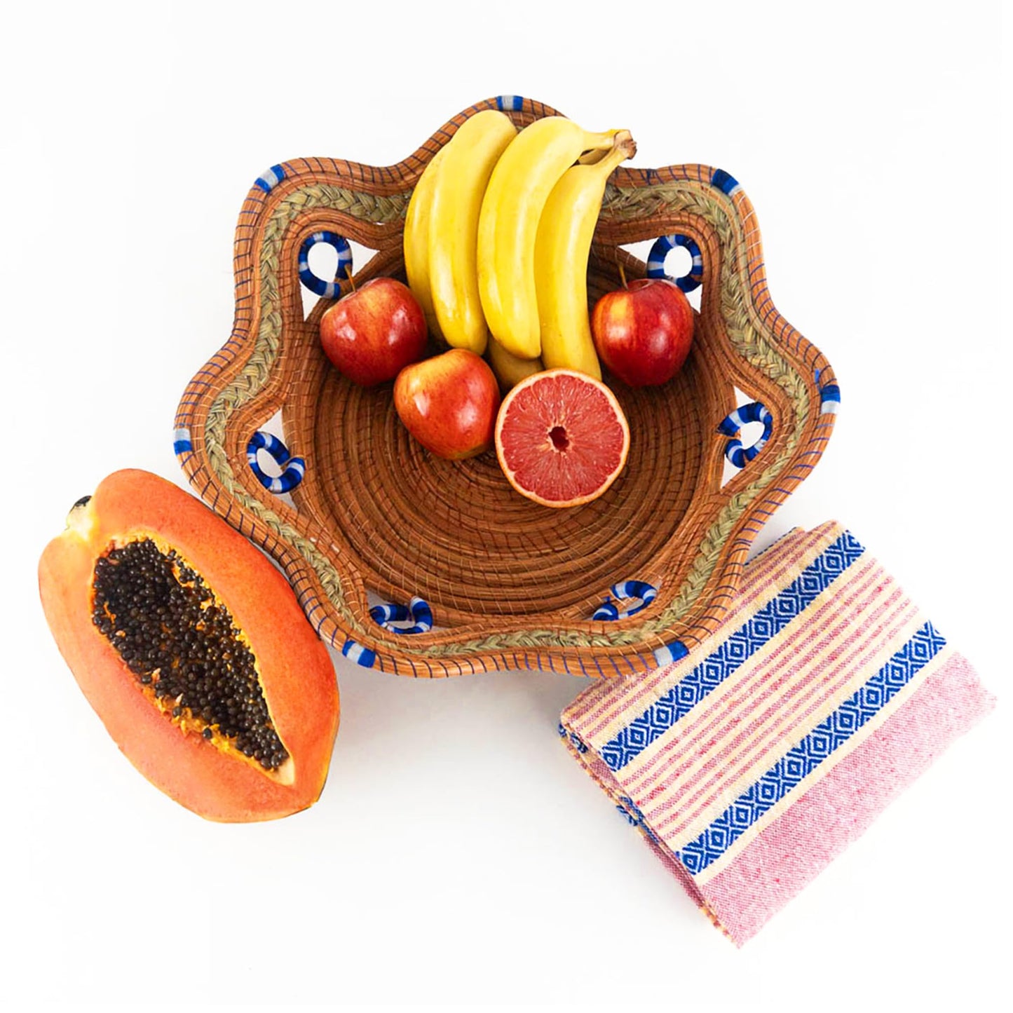 Fruit/Bread Basket, 12-inch Handmade Pine Needle Basket, Includes a Microwave-Safe Kitchen Towel | Made in Mexico (Purple)