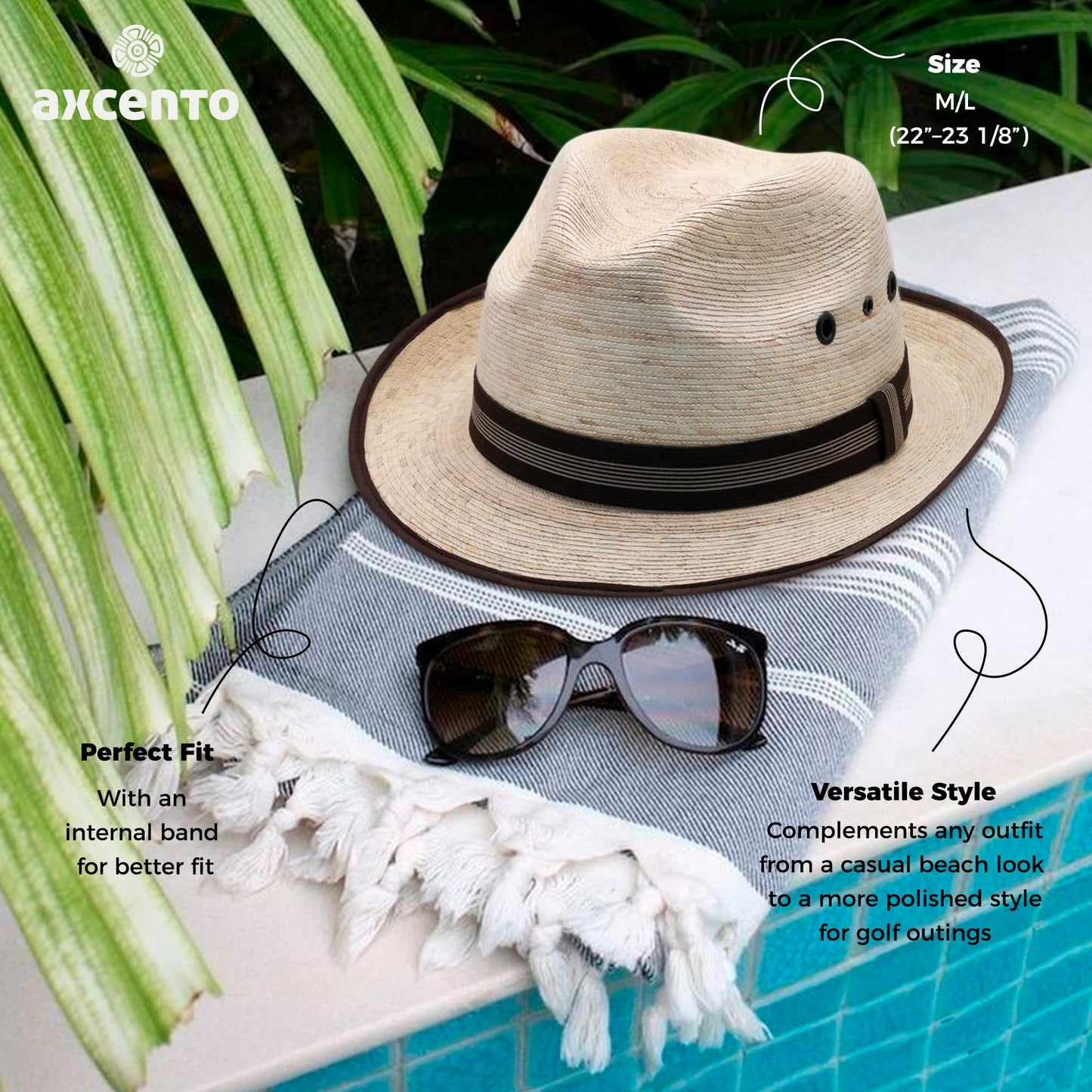 Straw Fedora Hat for Men - Panama Hat Short Brim M/L Sizes (22”–23 1/8”) Sun Hat UPF - Summer Vacation Essentials