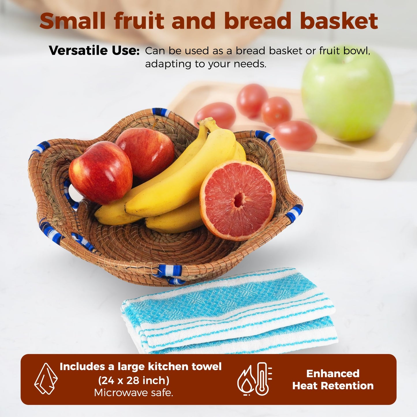 Fruit/Bread Basket, 12-inch Handmade Pine Needle Basket, Includes a Microwave-Safe Kitchen Towel | Made in Mexico (Purple)