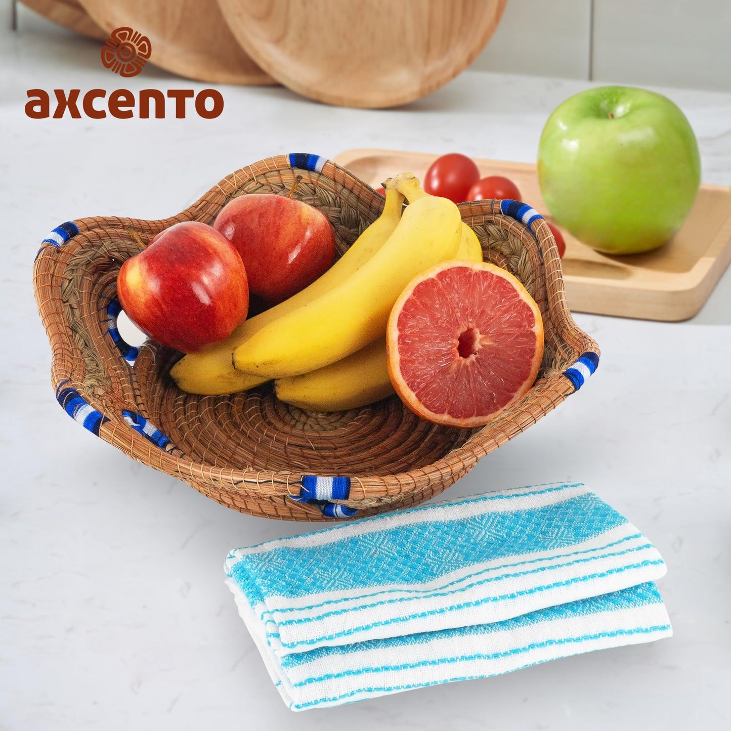 Fruit/Bread Basket, 12-inch Handmade Pine Needle Basket, Includes a Microwave-Safe Kitchen Towel | Made in Mexico (Purple)