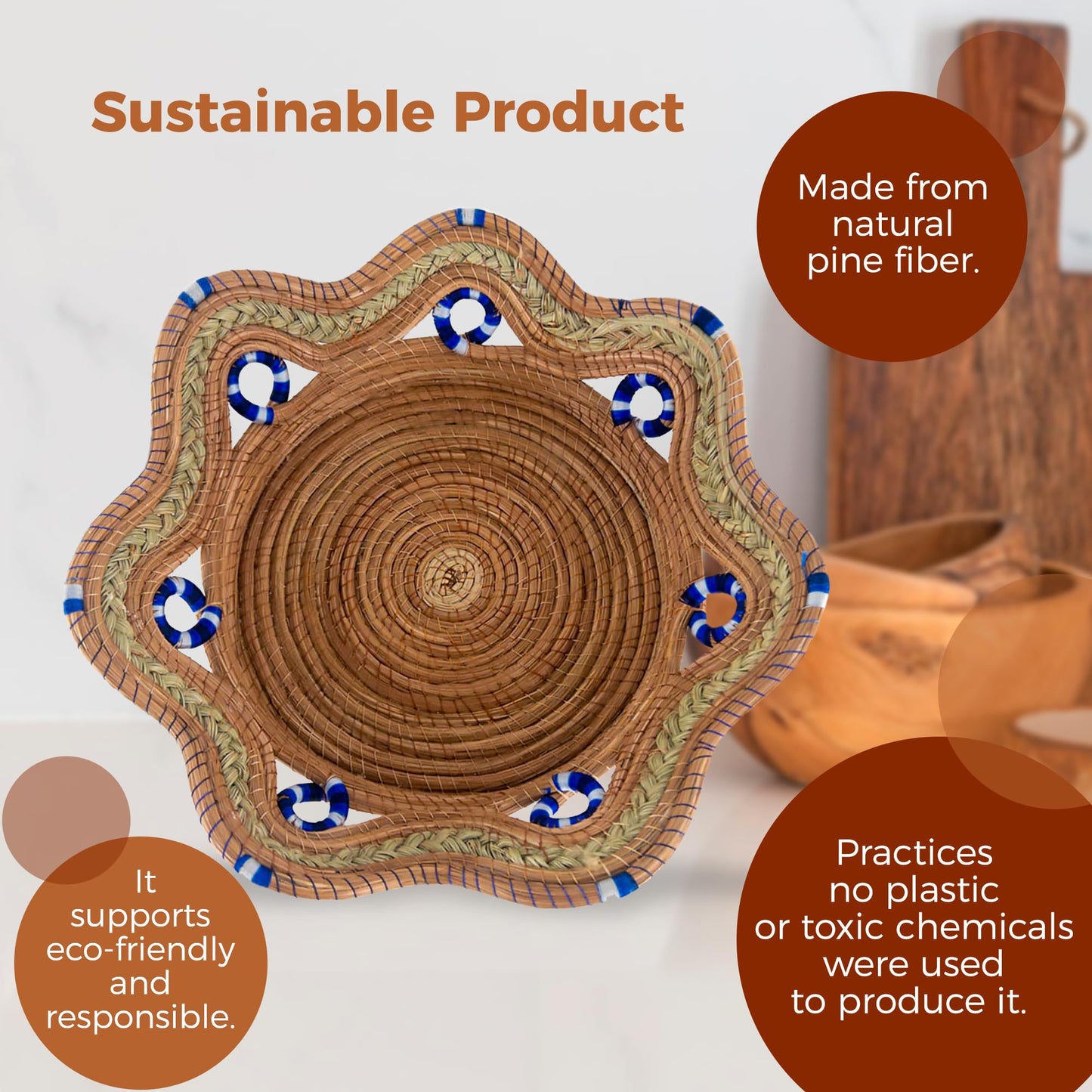 Fruit/Bread Basket, 12-inch Handmade Pine Needle Basket, Includes a Microwave-Safe Kitchen Towel | Made in Mexico (Purple)