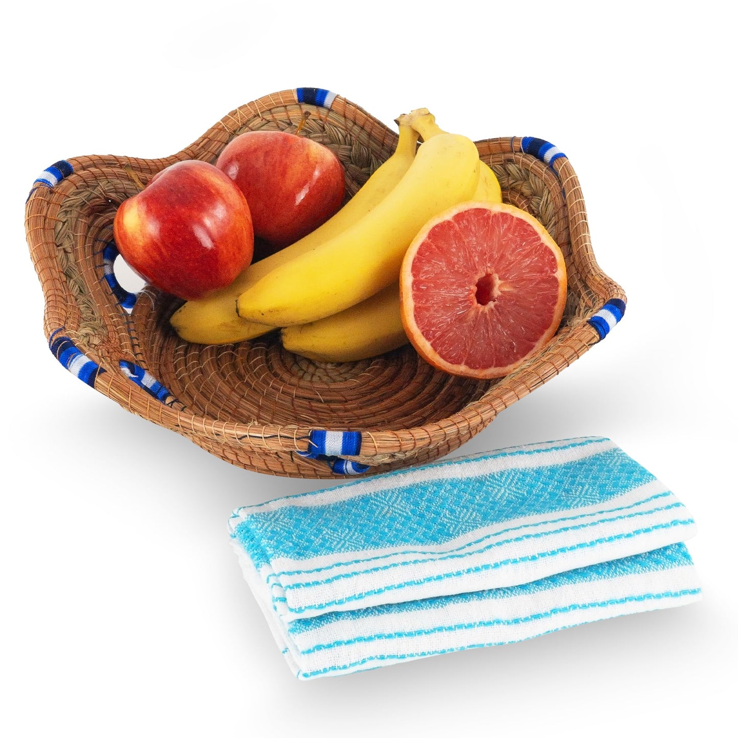 Fruit/Bread Basket, 12-inch Handmade Pine Needle Basket, Includes a Microwave-Safe Kitchen Towel | Made in Mexico (Purple)