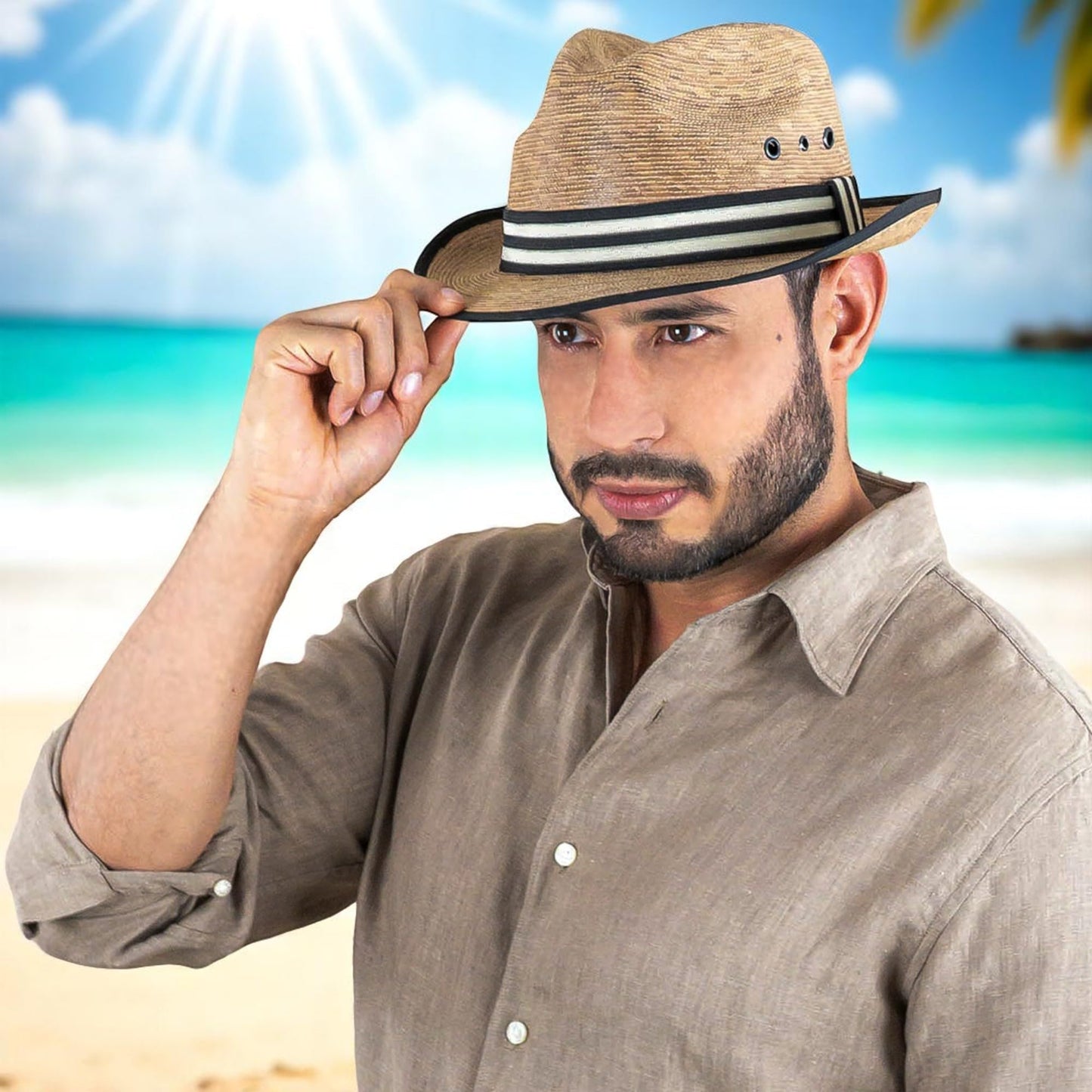 Straw Fedora Hat for Men - Panama Hat Short Brim M/L Sizes (22”–23 1/8”) Sun Hat UPF - Summer Vacation Essentials