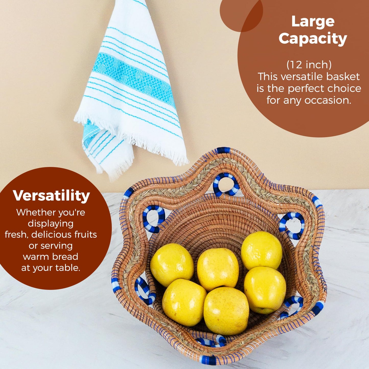 Fruit/Bread Basket, 12-inch Handmade Pine Needle Basket, Includes a Microwave-Safe Kitchen Towel | Made in Mexico (Purple)
