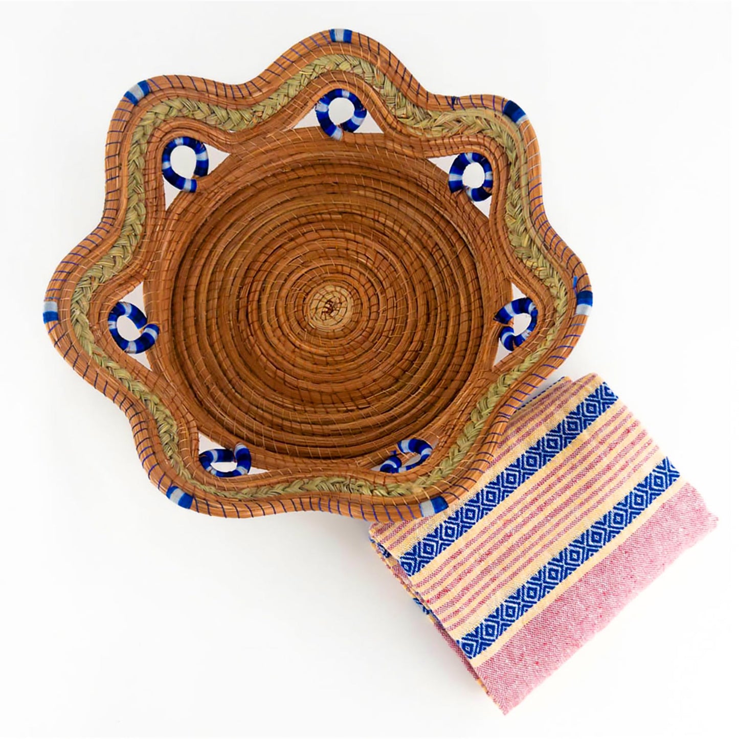 Fruit/Bread Basket, 12-inch Handmade Pine Needle Basket, Includes a Microwave-Safe Kitchen Towel | Made in Mexico (Purple)