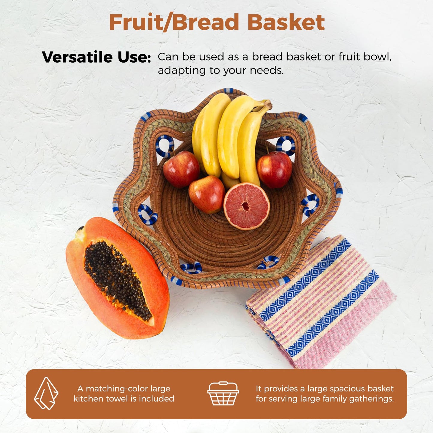 Fruit/Bread Basket, 12-inch Handmade Pine Needle Basket, Includes a Microwave-Safe Kitchen Towel | Made in Mexico (Purple)