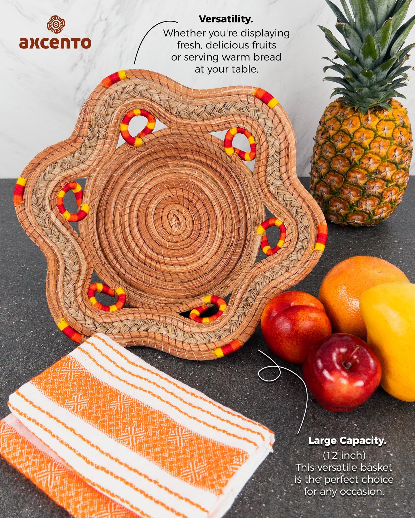 Fruit/Bread Basket, 12-inch Handmade Pine Needle Basket, Includes a Microwave-Safe Kitchen Towel | Made in Mexico (Purple)