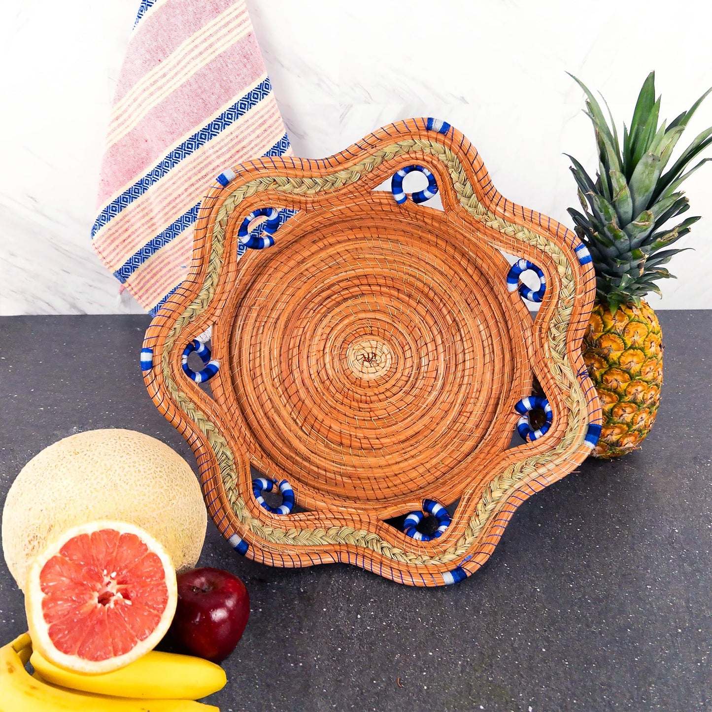 Fruit/Bread Basket, 12-inch Handmade Pine Needle Basket, Includes a Microwave-Safe Kitchen Towel | Made in Mexico (Purple)