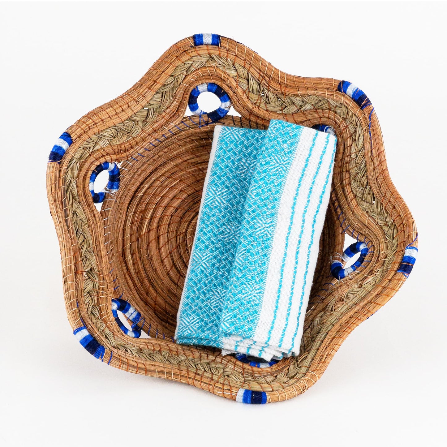 Fruit/Bread Basket, 12-inch Handmade Pine Needle Basket, Includes a Microwave-Safe Kitchen Towel | Made in Mexico (Purple)