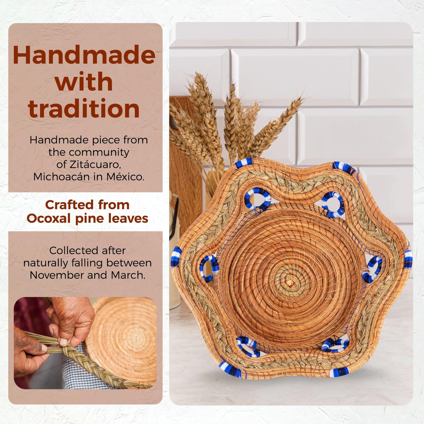 Fruit/Bread Basket, 12-inch Handmade Pine Needle Basket, Includes a Microwave-Safe Kitchen Towel | Made in Mexico (Purple)
