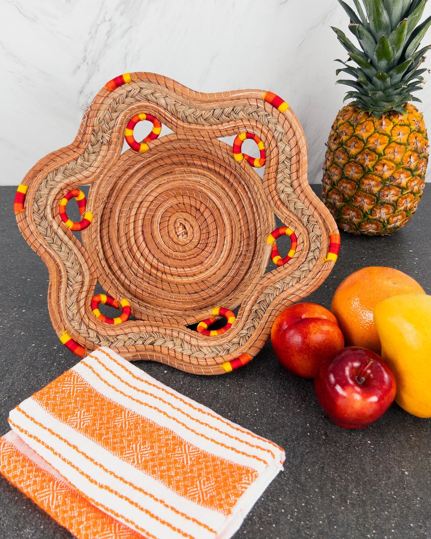 Fruit/Bread Basket, 12-inch Handmade Pine Needle Basket, Includes a Microwave-Safe Kitchen Towel | Made in Mexico (Purple)
