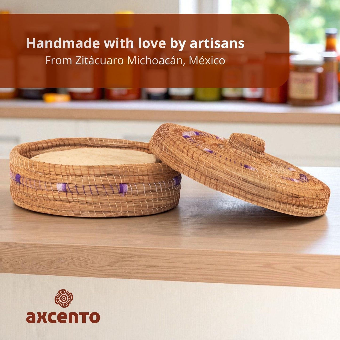 Tortillero de fibra de pino Ocoxal con toalla de cocina - Axcento - Mexican Designs