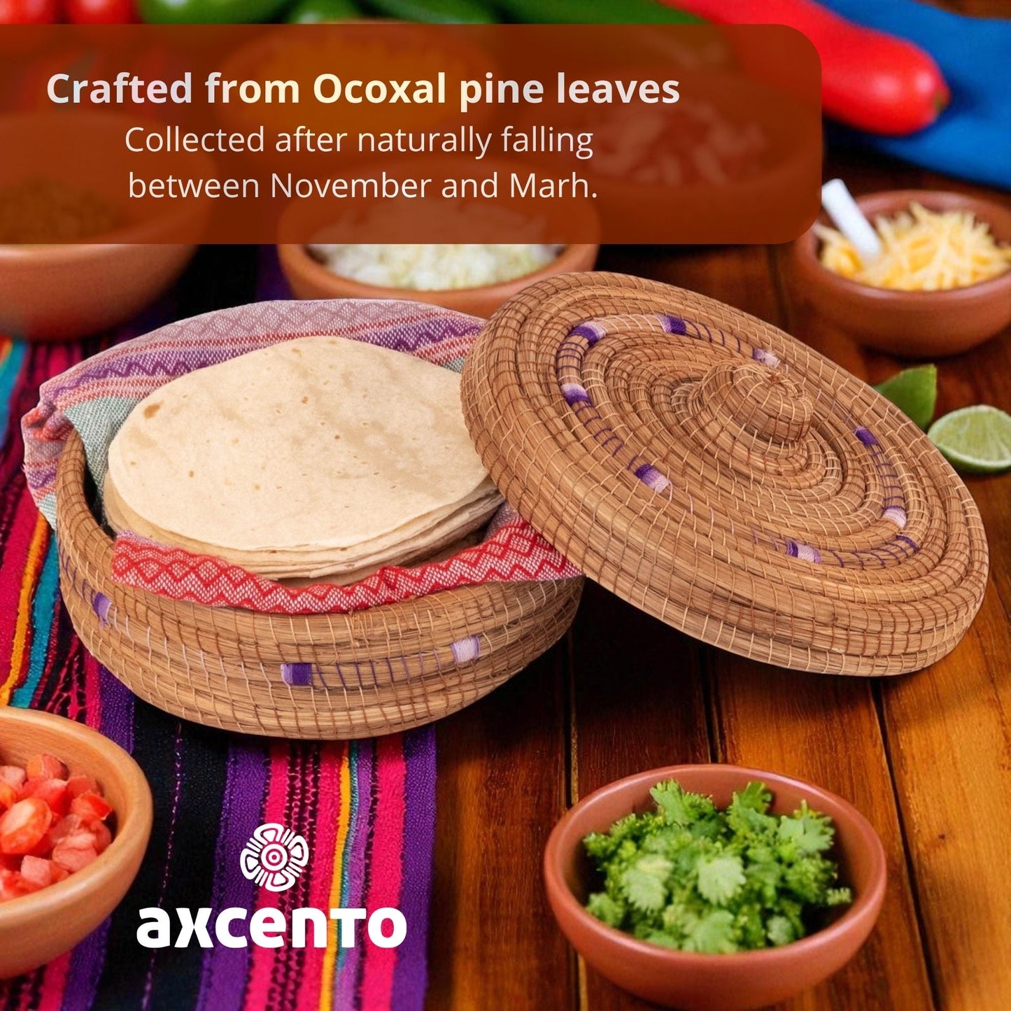 Tortillero de fibra de pino Ocoxal con toalla de cocina - Axcento - Mexican Designs