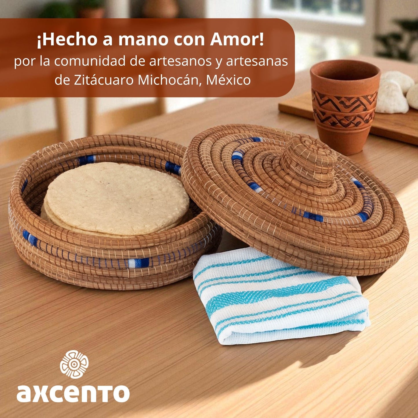 Tortillero de fibra de pino Ocoxal con toalla de cocina - Axcento - Mexican Designs