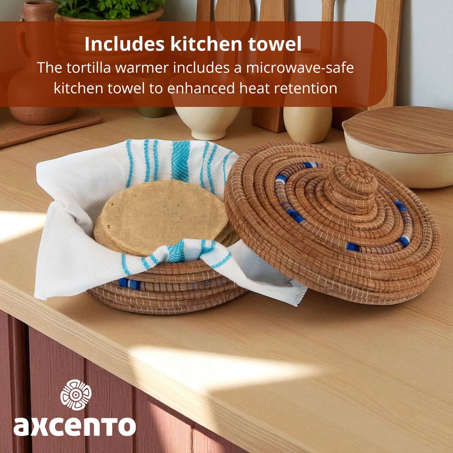 Tortillero de fibra de pino Ocoxal con toalla de cocina - Axcento - Mexican Designs
