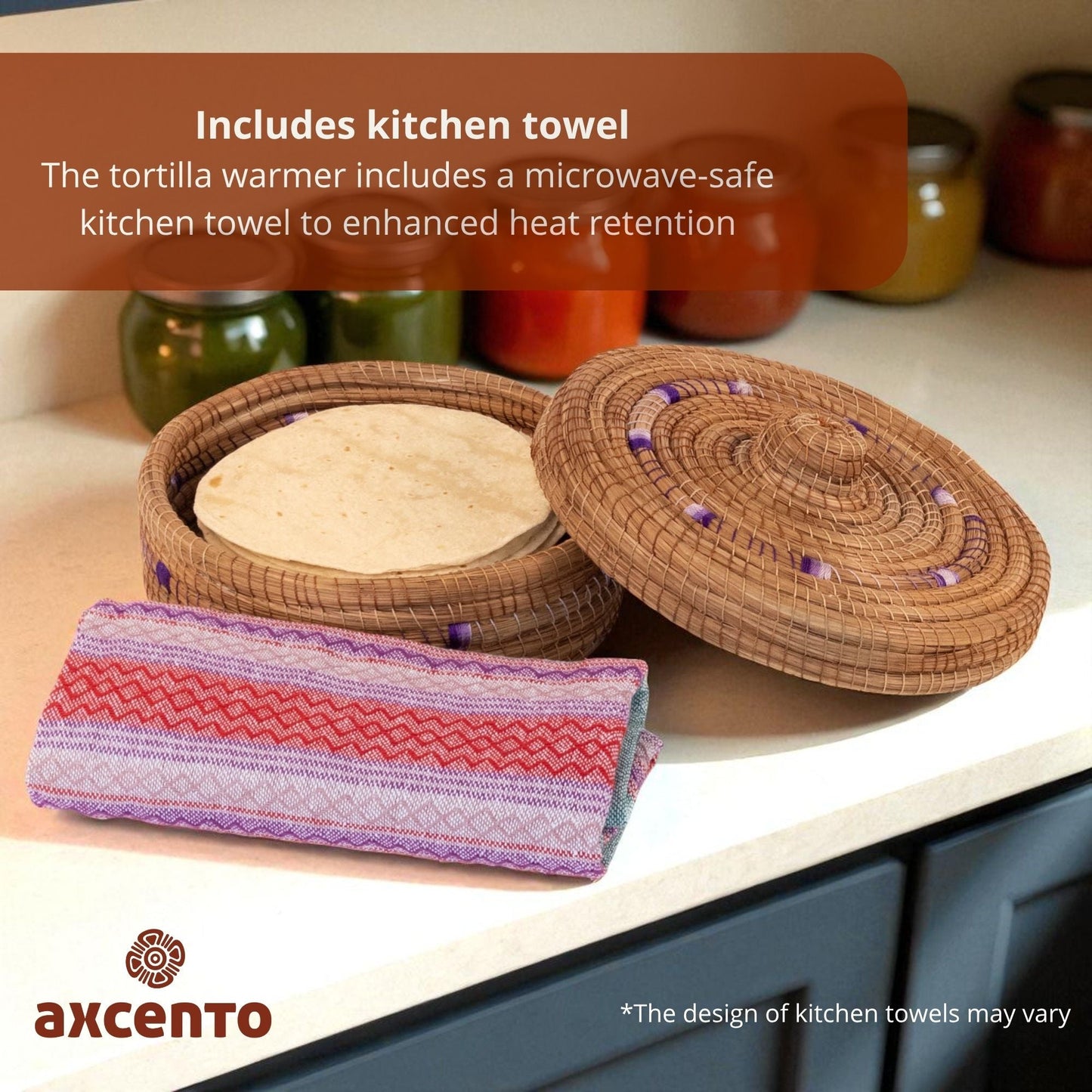 Tortillero de fibra de pino Ocoxal con toalla de cocina - Axcento - Mexican Designs