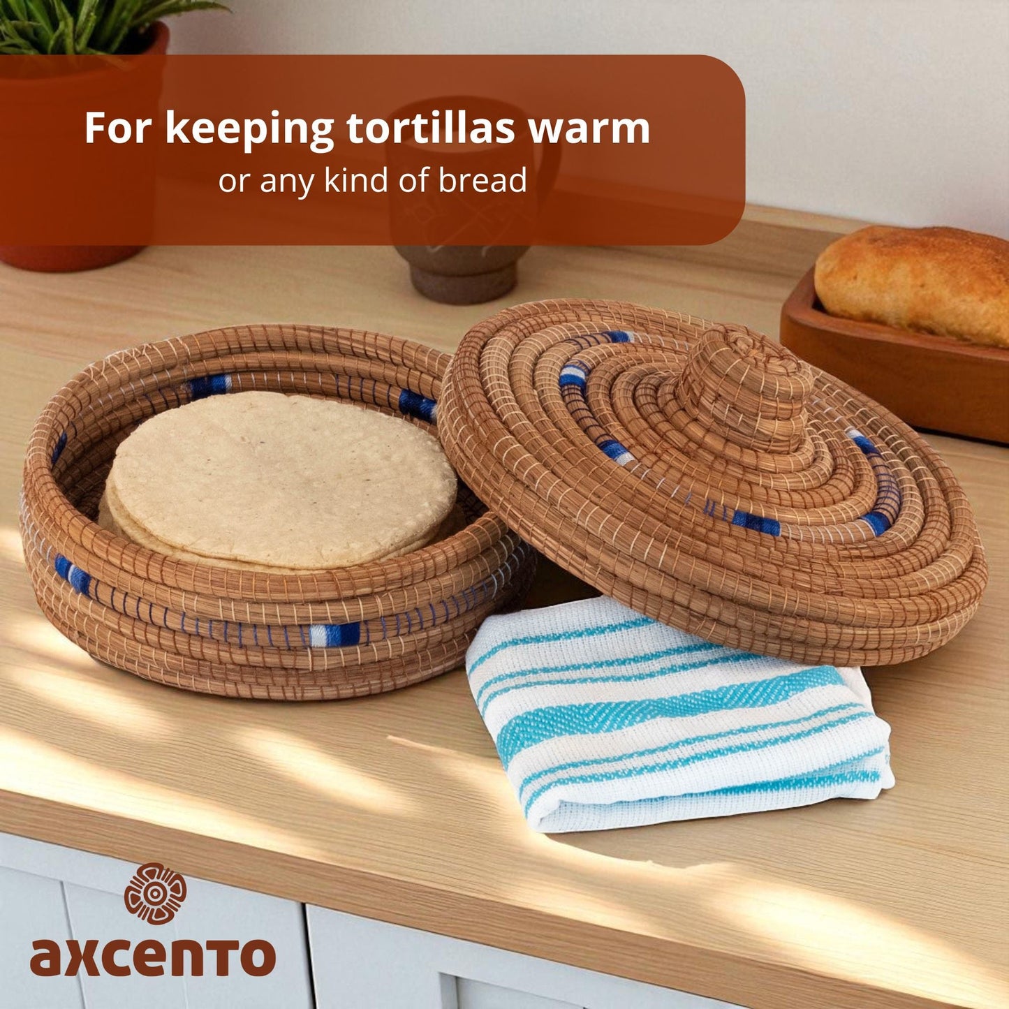 Tortillero de fibra de pino Ocoxal con toalla de cocina - Axcento - Mexican Designs