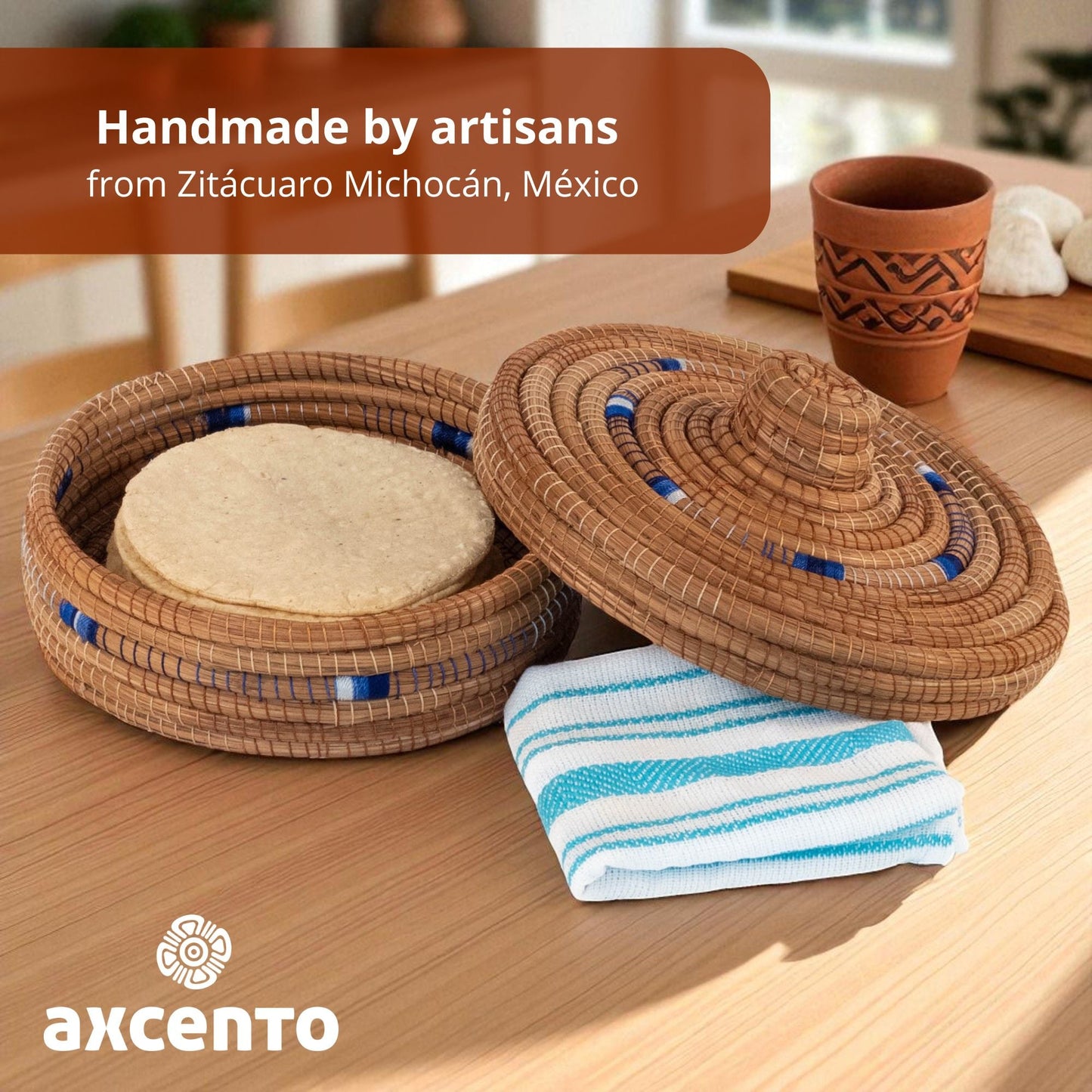 Tortillero de fibra de pino Ocoxal con toalla de cocina - Axcento - Mexican Designs