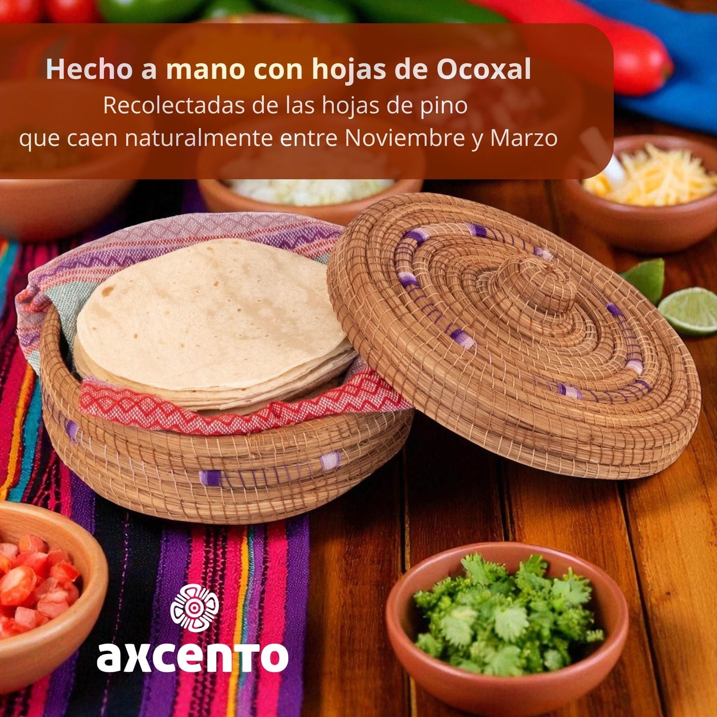 Tortillero de fibra de pino Ocoxal con toalla de cocina - Axcento - Mexican Designs