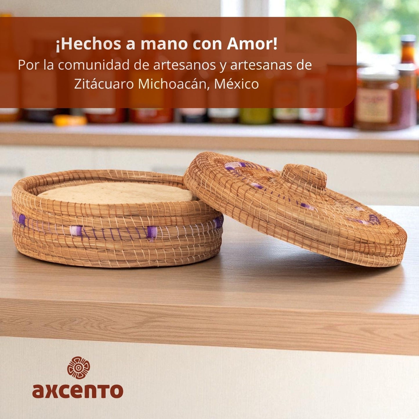 Tortillero de fibra de pino Ocoxal con toalla de cocina - Axcento - Mexican Designs