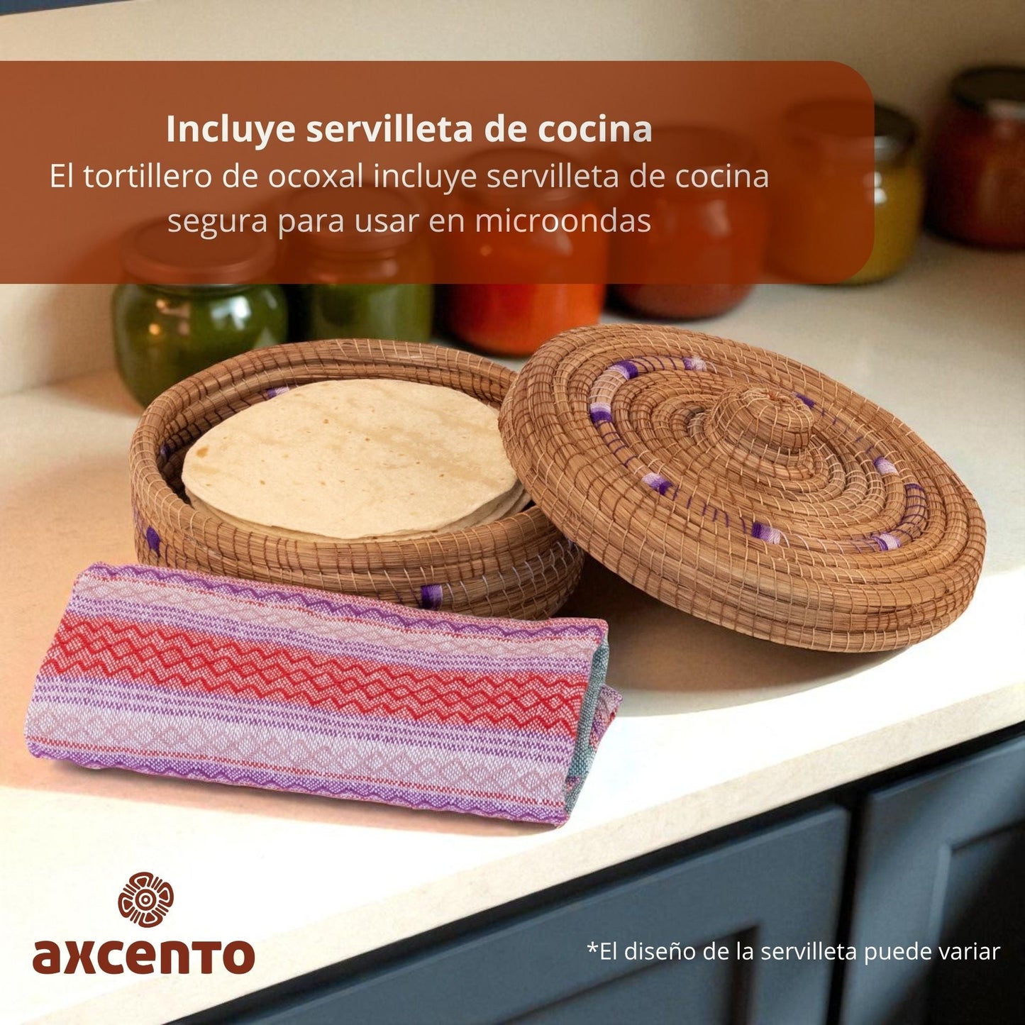 Tortillero de fibra de pino Ocoxal con toalla de cocina - Axcento - Mexican Designs